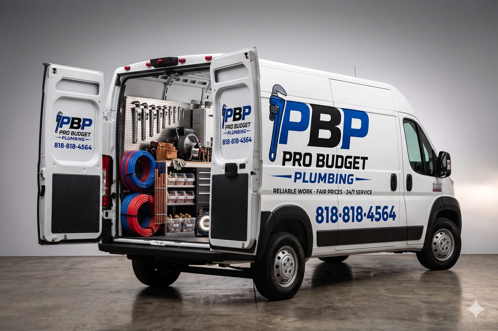 Pro Budget Plumbing Ram ProMaster van — fully stocked with PEX coils, copper pipes, drain machine, tankless water heater, pegboard of wrenches, and parts bins